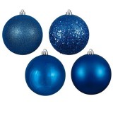 Vickerman 4-Finish Assorted Plastic Ornament Set & Seamless Shatterproof Christmas Ball Ornaments with Drilled Cap, Assorted 4 per Bag, 6", Blue