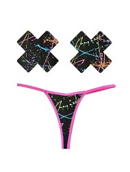 Neva Nude Grafitti Black Neon Retro UV Naughty Knix G String with Matching Nipztix Pasties Nipple Covers For Raves and Festivals