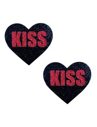Neva Nude Valentines KISS ME Red Glitter On Black Glitter I Heart U Nipztix Pasties Nipple Covers for Festival, Rave, Party, Lingerie & More, Medical Grade Adhesive, Waterproof Sweatproof, Made in USA