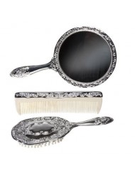 3 pc Silver Chrome Girls Vanity Set Comb Brush Mirror.