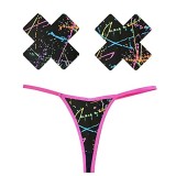 Neva Nude Grafitti Black Neon Retro UV Naughty Knix G String with Matching Nipztix Pasties Nipple Covers For Raves and Festivals
