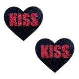 Neva Nude Valentines KISS ME Red Glitter On Black Glitter I Heart U Nipztix Pasties Nipple Covers for Festival, Rave, Party, Lingerie & More, Medical Grade Adhesive, Waterproof Sweatproof, Made in USA